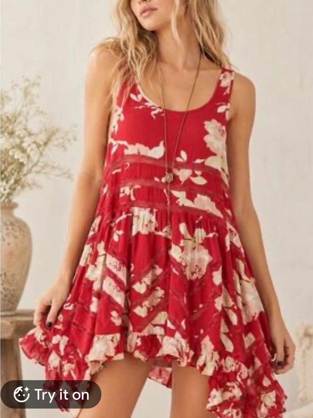 Free People Red Floral Sleeveless Mini Dress with Cream Blossoms